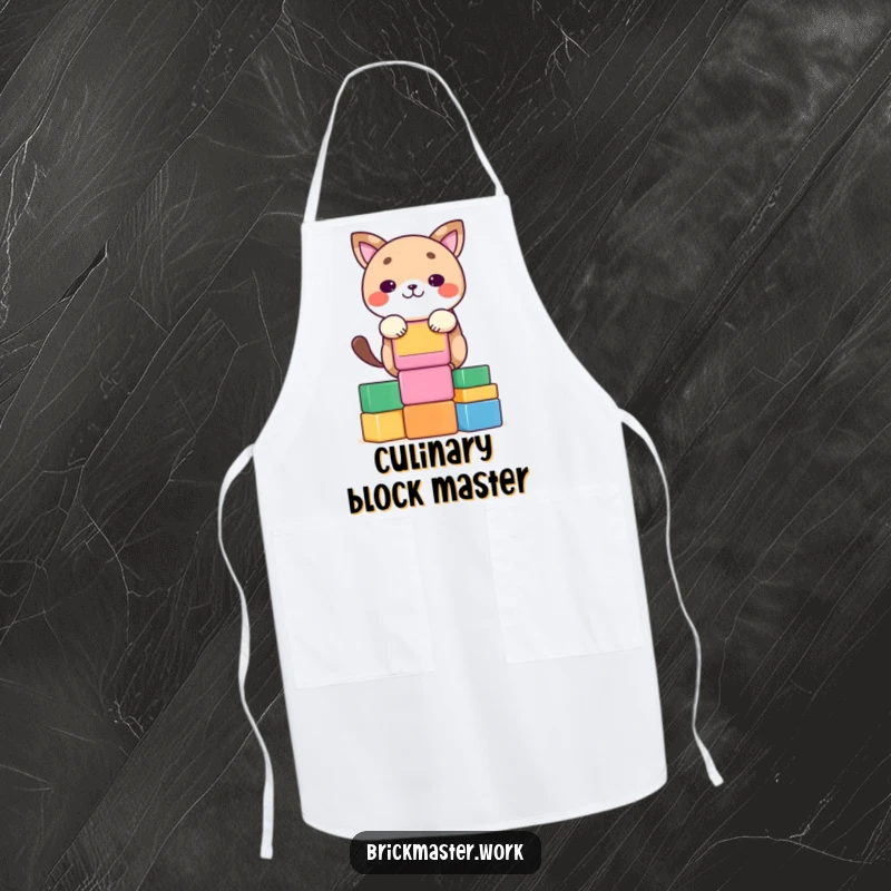 Funny kawaii animal character concentrating on stacking colorful blocks on a practical apron.