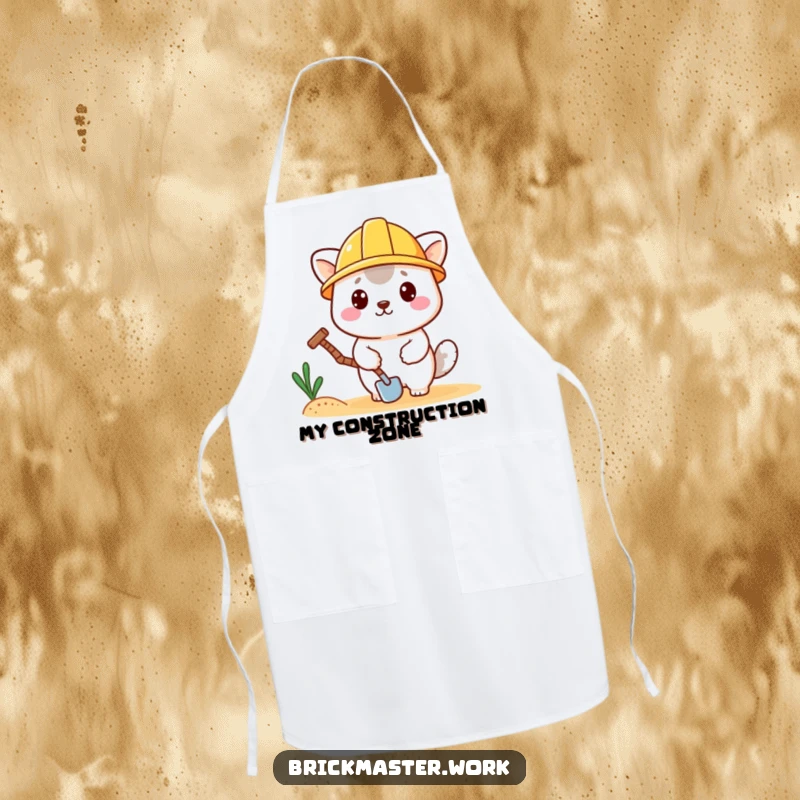 Funny kawaii animal wearing a hard hat and holding a trowel on a practical kitchen apron.
