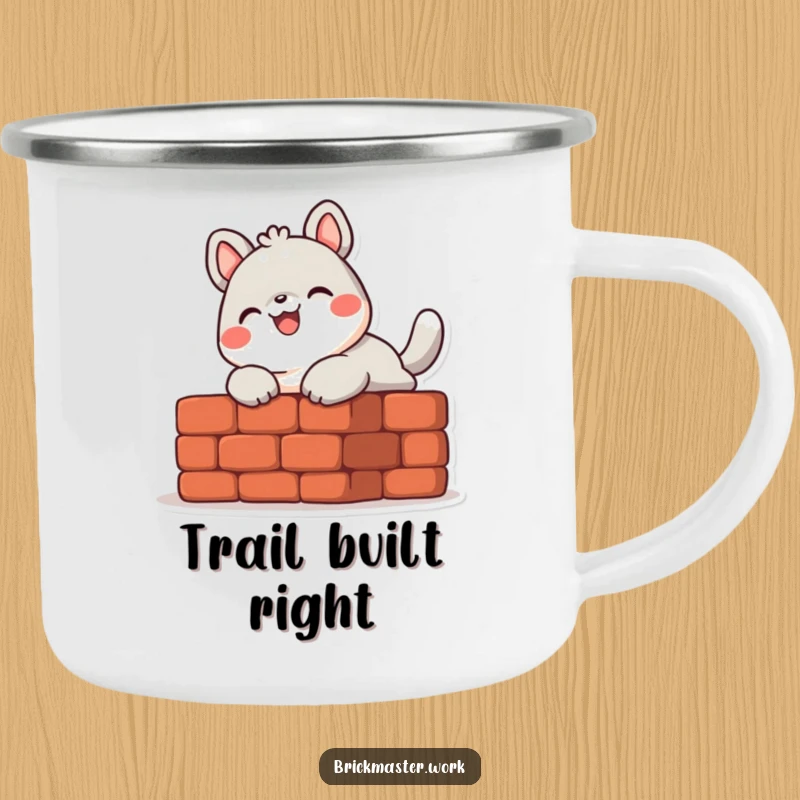 Funny cute animal character laying a brick with a smile on a rugged metal camping mug.