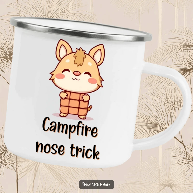 Funny animal character balancing a brick on its nose on a rugged metal camping mug.