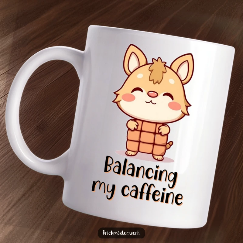 Funny animal character hilariously attempting to balance a brick on its nose on a coffee mug.