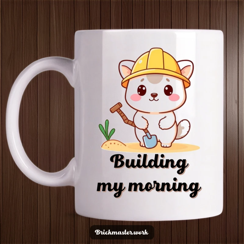 Funny kawaii animal wearing a tiny hard hat, holding a trowel on a ceramic mug, ready for construction.