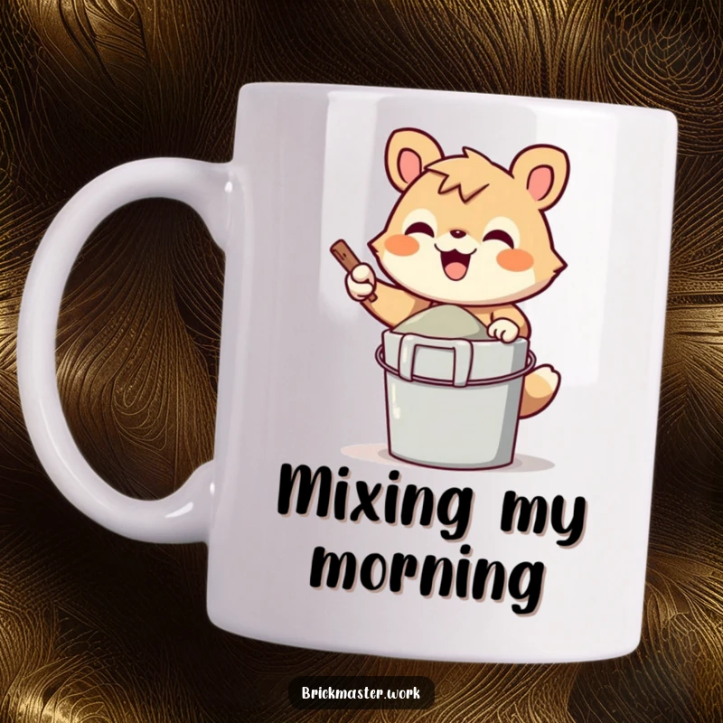 Funny cheerful animal character gleefully mixing cement in a bucket on a coffee mug.