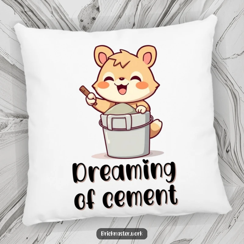 Funny cheerful animal character mixing cement in a bucket, designed as a soft pillow.