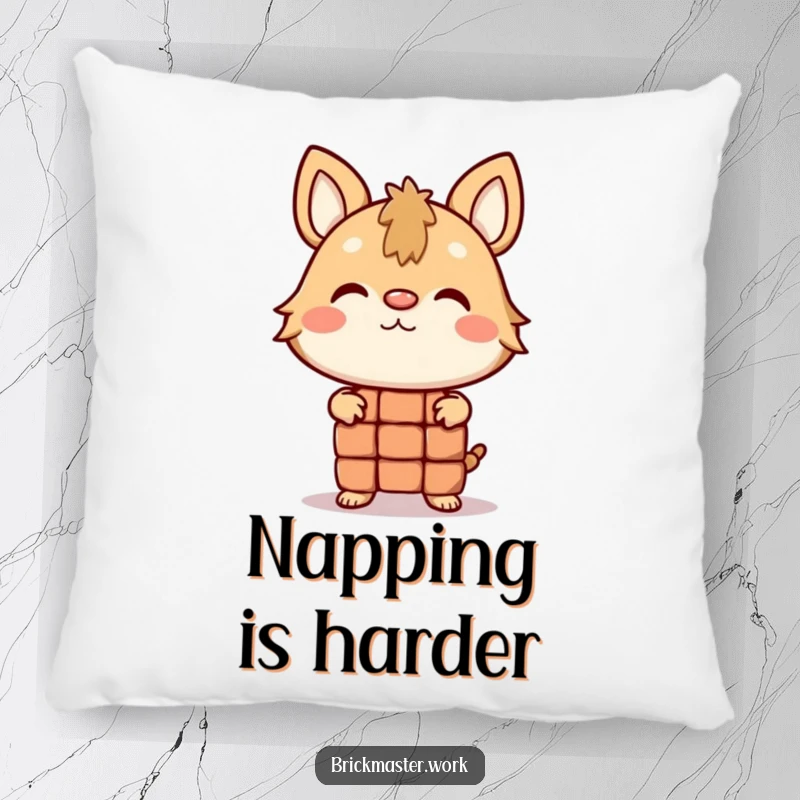 Funny animal character balancing a brick on its nose, designed as a soft pillow.