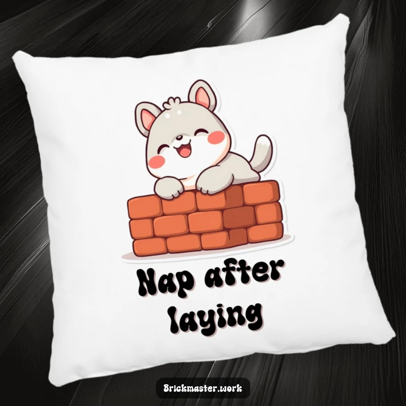 Funny cute animal character laying a brick with a smile, designed as a soft, decorative pillow.