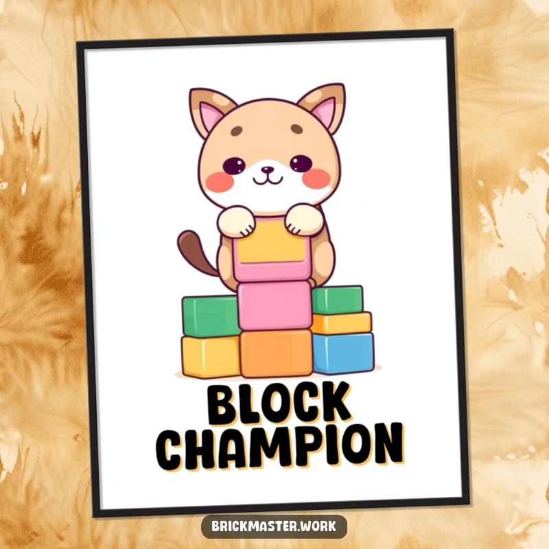 Funny kawaii animal character stacking colorful blocks, available as a digital art print.