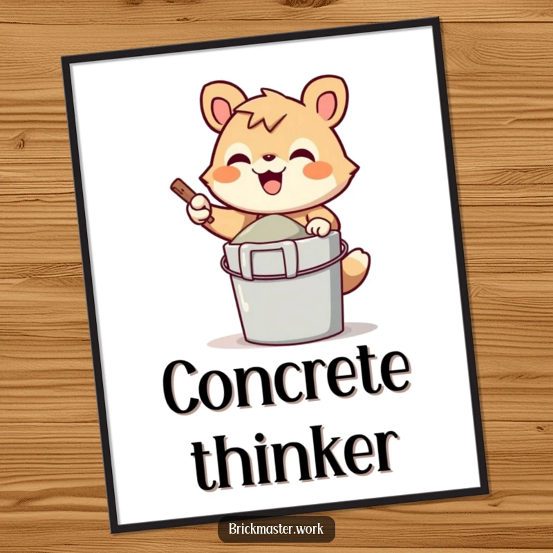 Funny cheerful animal character mixing cement in a bucket, available as a digital art print.