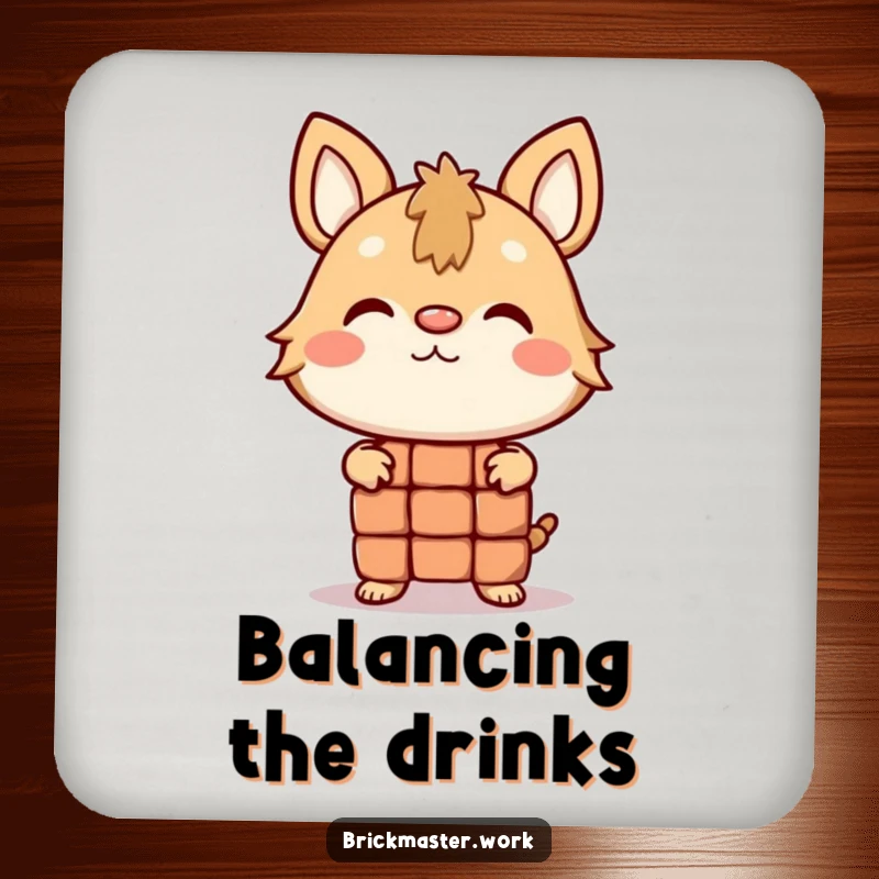 Funny animal character balancing a brick on its nose, printed on a protective drink coaster.