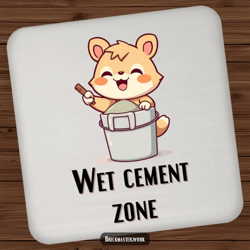 Funny cheerful animal character mixing cement in a bucket, printed on a protective drink coaster.