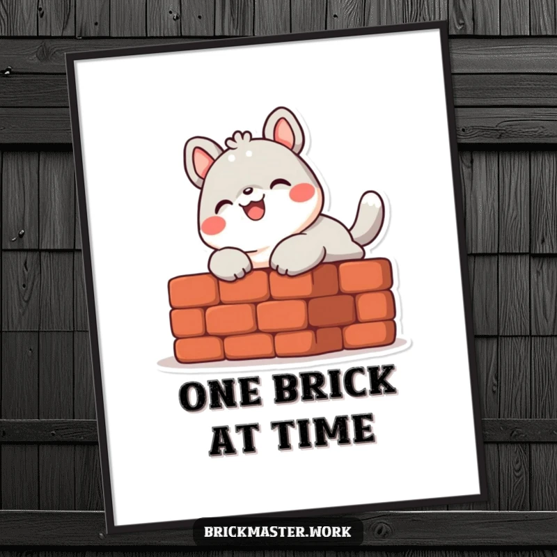 Funny cute animal character laying a brick with a smile, displayed as cheerful wall art.