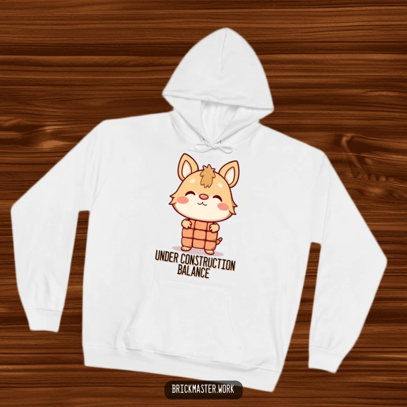 Funny animal character balancing a brick on its nose on a warm, soft hoodie.