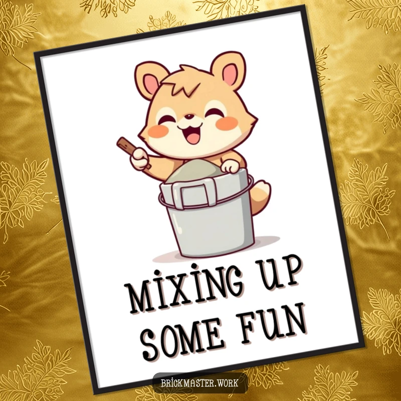 Funny Free Printable Wall Art: Cheerful animal character gleefully mixing cement in a bucket with a wide smile.