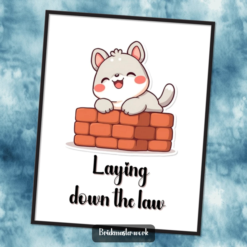 Funny Free Printable Wall Art: Cute animal character with a big smile, laying a brick with enthusiasm.
