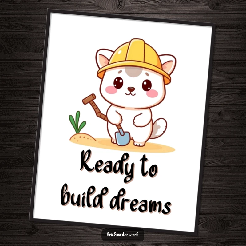 Funny Free Printable Wall Art: Adorable kawaii construction animal wearing a tiny hard hat and holding a trowel.