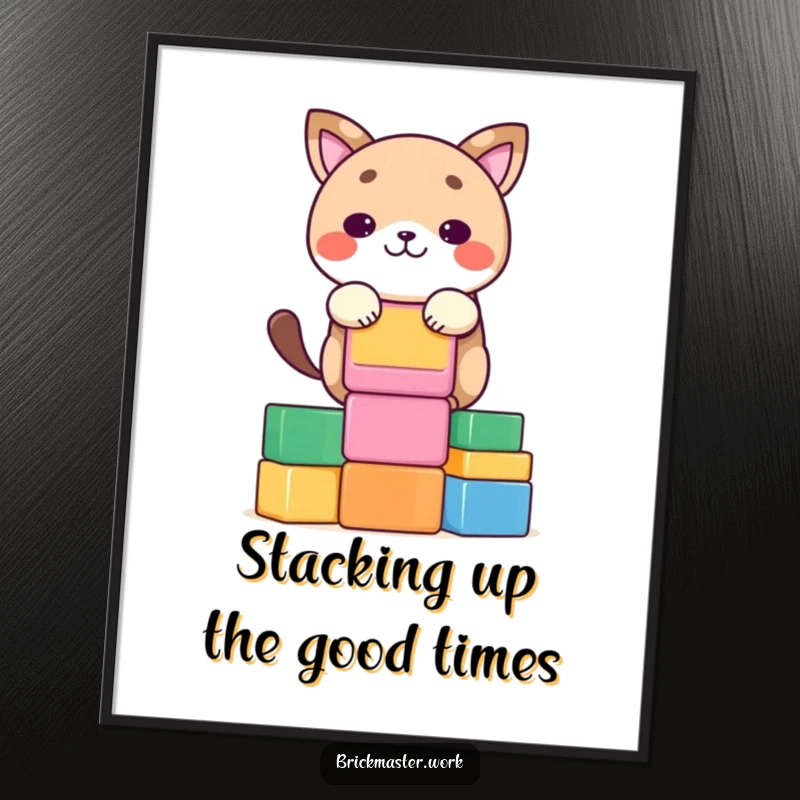 Funny Free Printable Wall Art: Kawaii animal character concentrating intensely while stacking colorful building blocks.