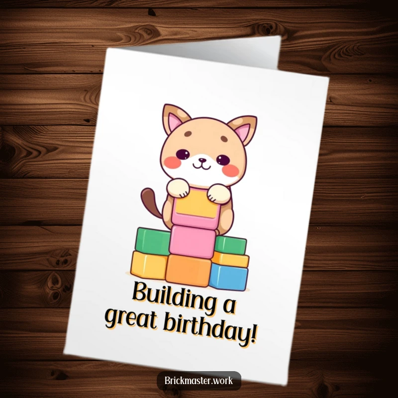 Funny Free Printable Birthday Card: Kawaii animal character concentrating while stacking colorful blocks.