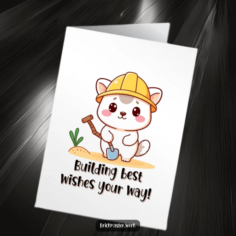 Funny Free Printable Birthday Card: Kawaii construction animal in hard hat, trowel in paw, ready to build wishes.