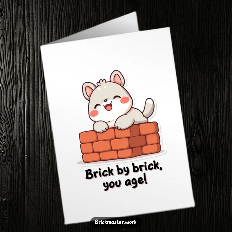 Funny Free Printable Birthday Card: Cute animal character with a big smile, enthusiastically laying a brick.