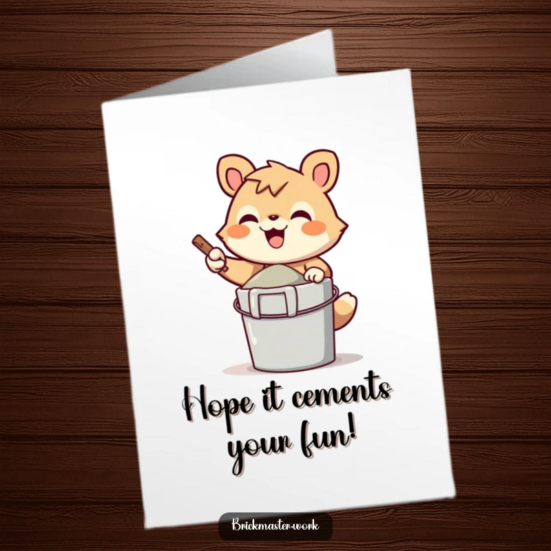 Funny Free Printable Birthday Card: Cheerful animal gleefully mixing cement in a bucket with a smile.