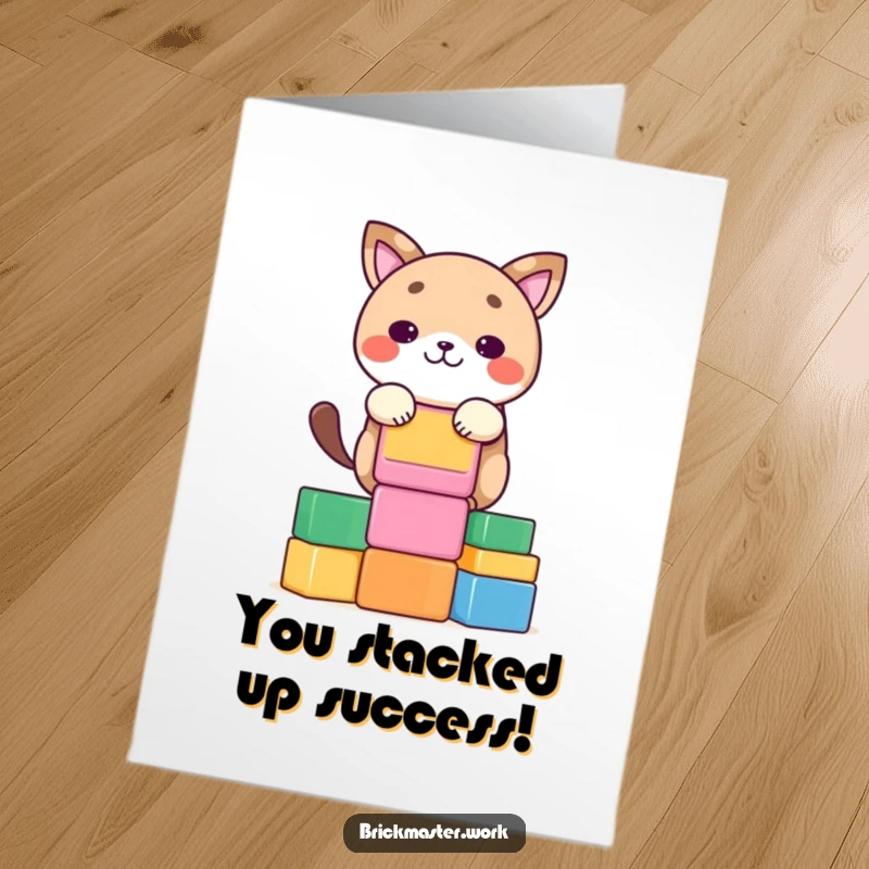 Funny Free Printable Congratulations Card: Kawaii animal concentrating to stack colorful blocks, celebrating success.
