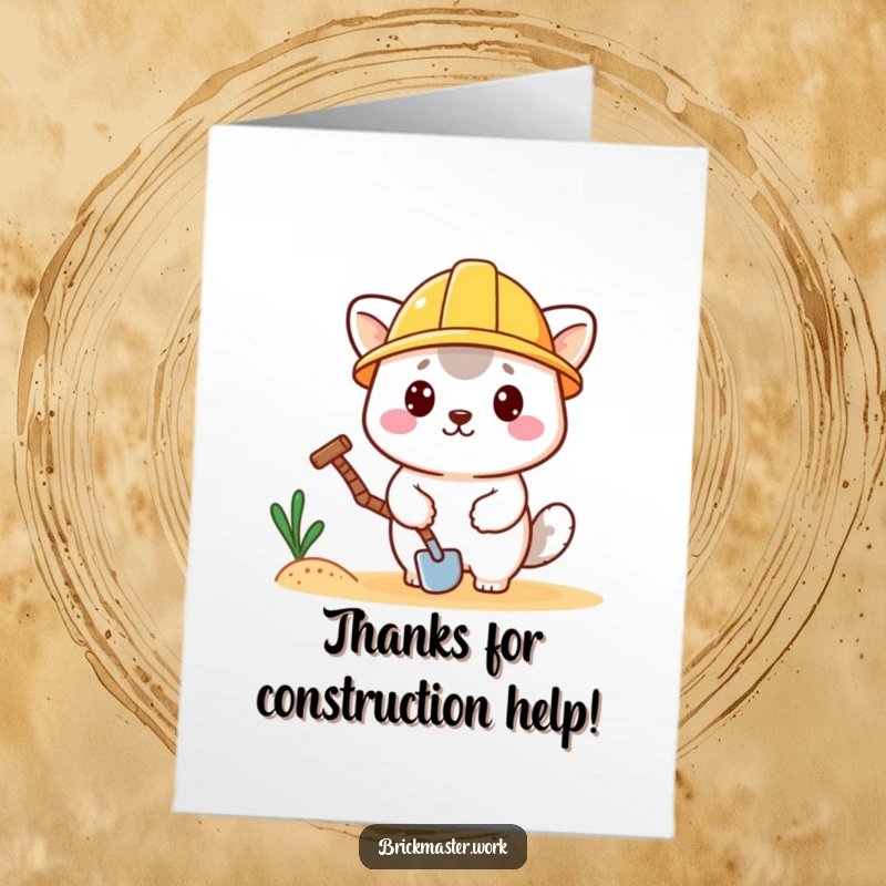 Funny Free Printable Thank You Card: Kawaii construction animal wearing hard hat, holding trowel, expressing thanks.