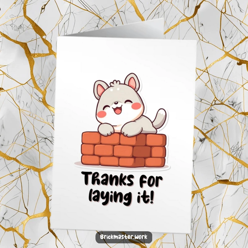 Funny Free Printable Thank You Card: Cute animal character smiling while laying a brick, expressing thanks.