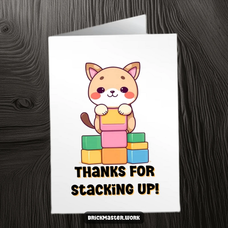 Funny Free Printable Thank You Card: Kawaii animal concentrating while stacking colorful blocks, expressing thanks.