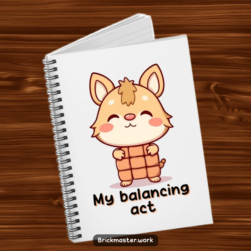 Funny animal character balancing a brick on its nose on the cover of a notebook.