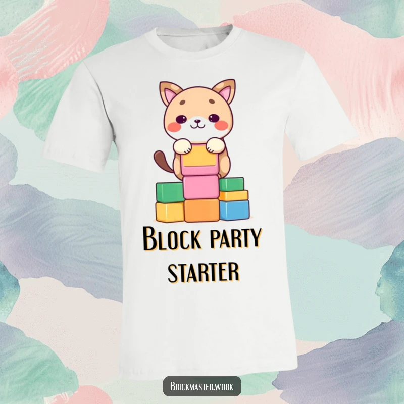 Funny kawaii animal character concentrating hard while stacking colorful blocks on a fun t-shirt.