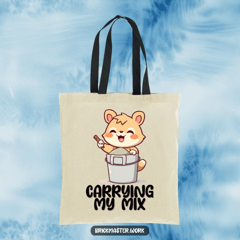 Funny cheerful animal character gleefully mixing cement in a bucket on a durable tote bag.