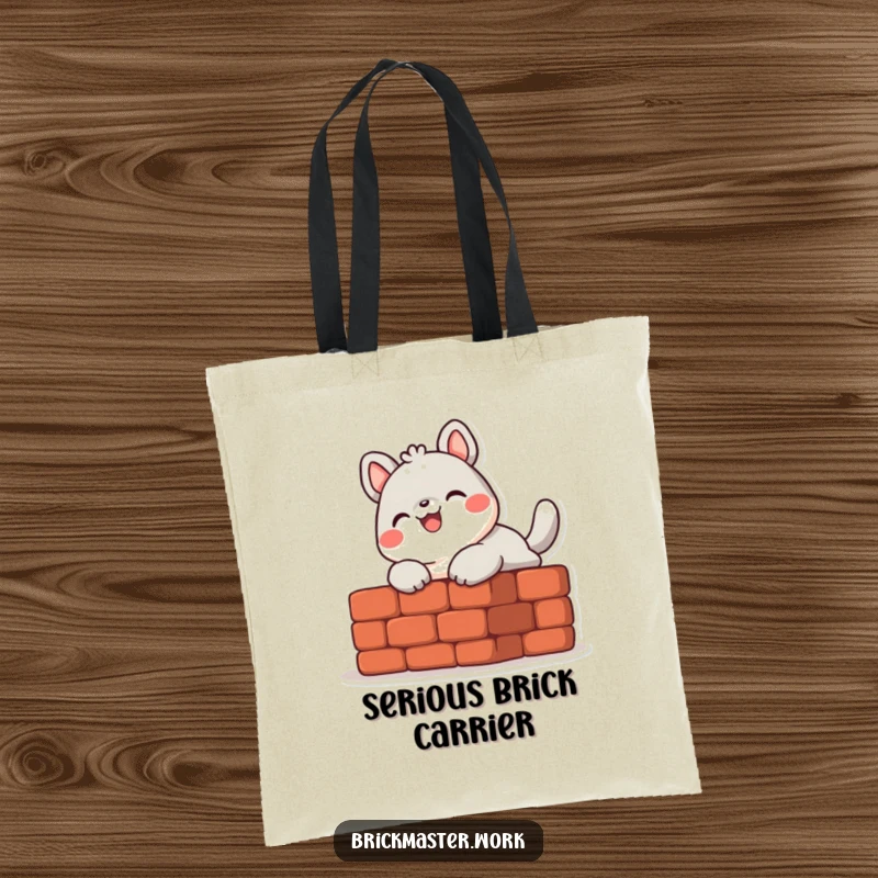 Funny cute animal character laying a brick with a smile on a durable, spacious tote bag.